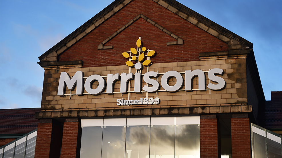 A logo of Supermarket company, Morrisons outside one of its store